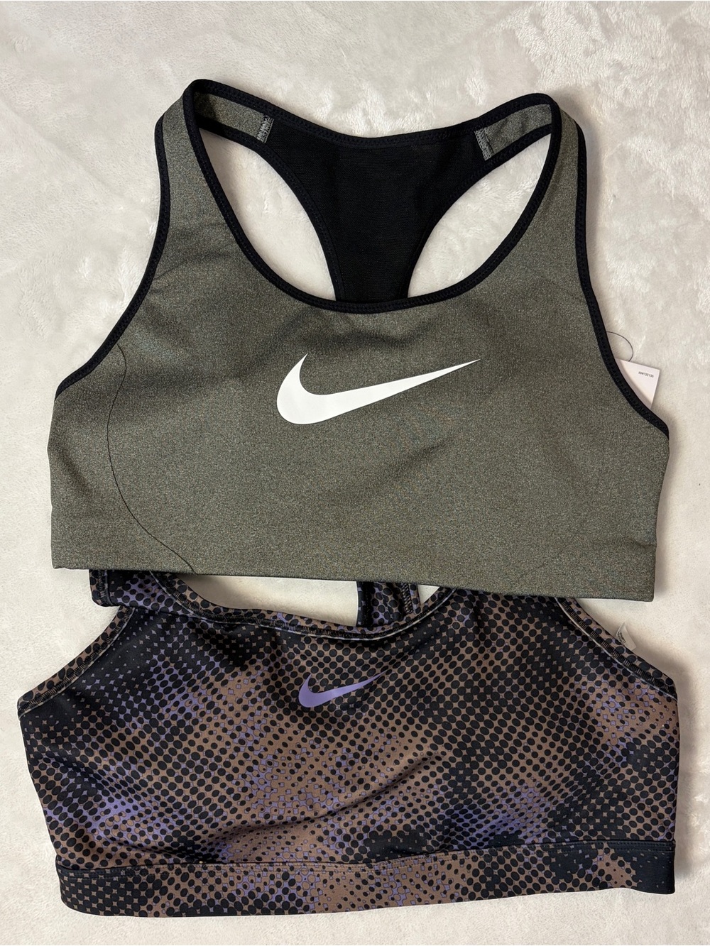 Nike Women’s Racerback Sports Bra - Olive/Black and Purple Dot